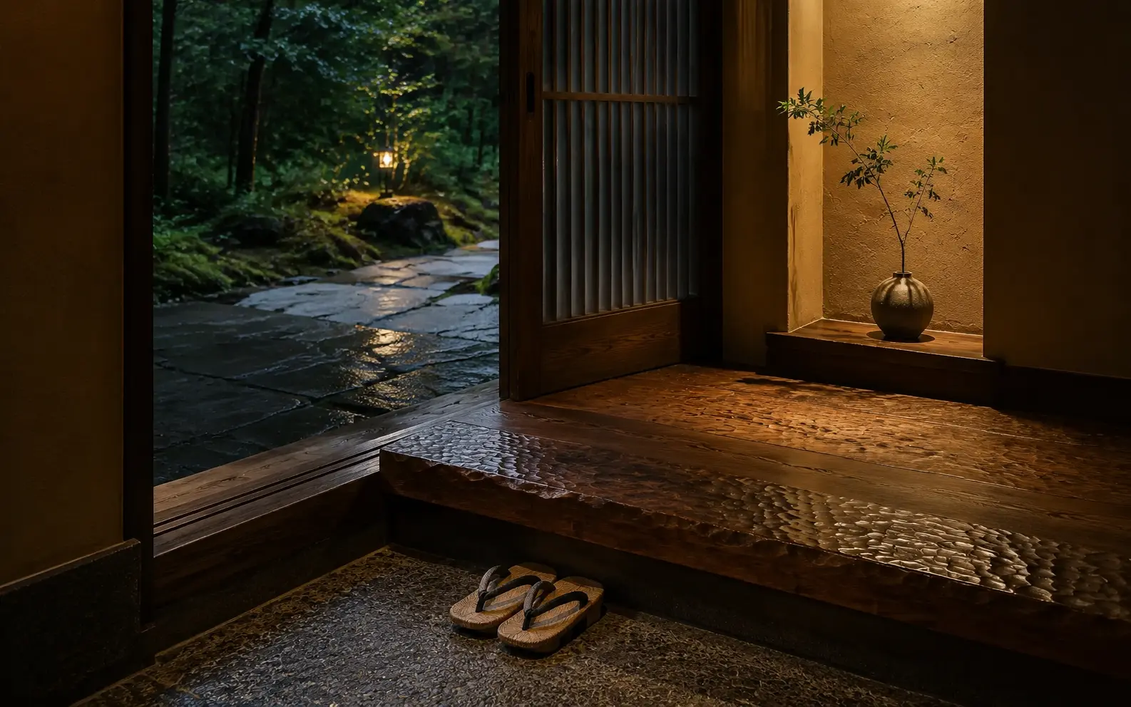 灯りが迎える月影庵の玄関