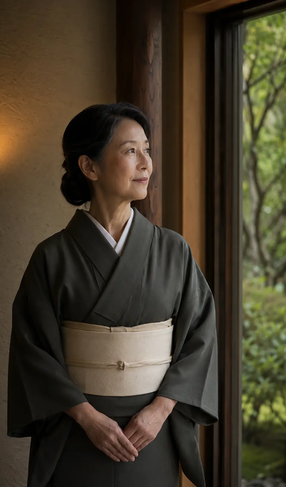 窓辺に立つ月影庵の女将