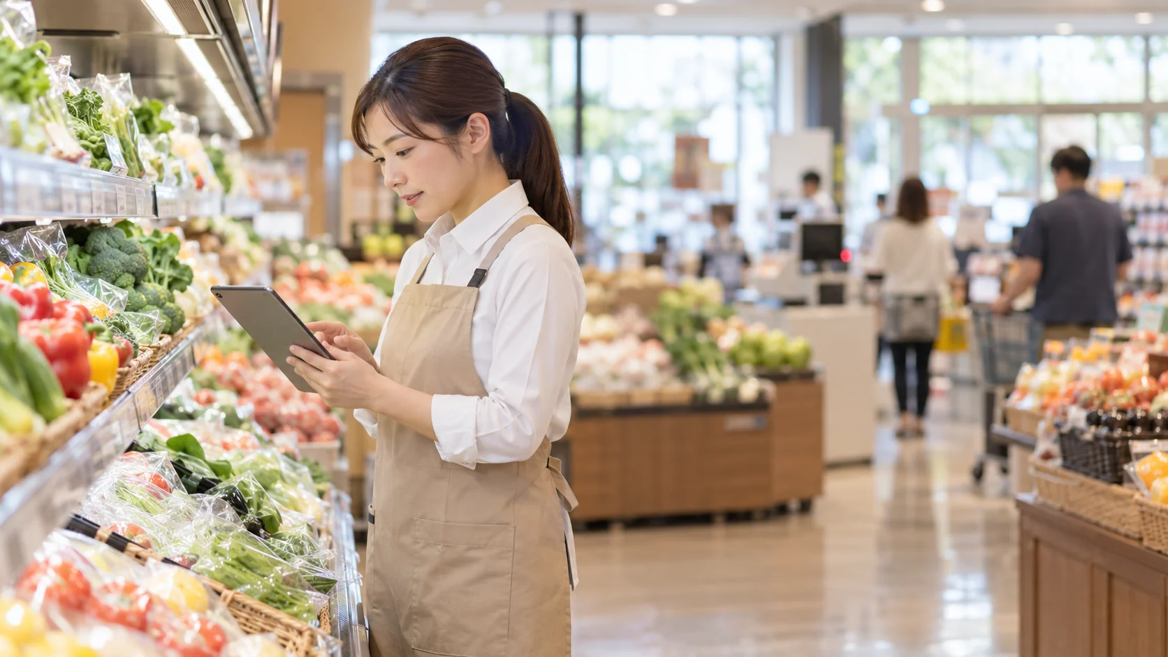 店舗の在庫を端末で管理する担当者
