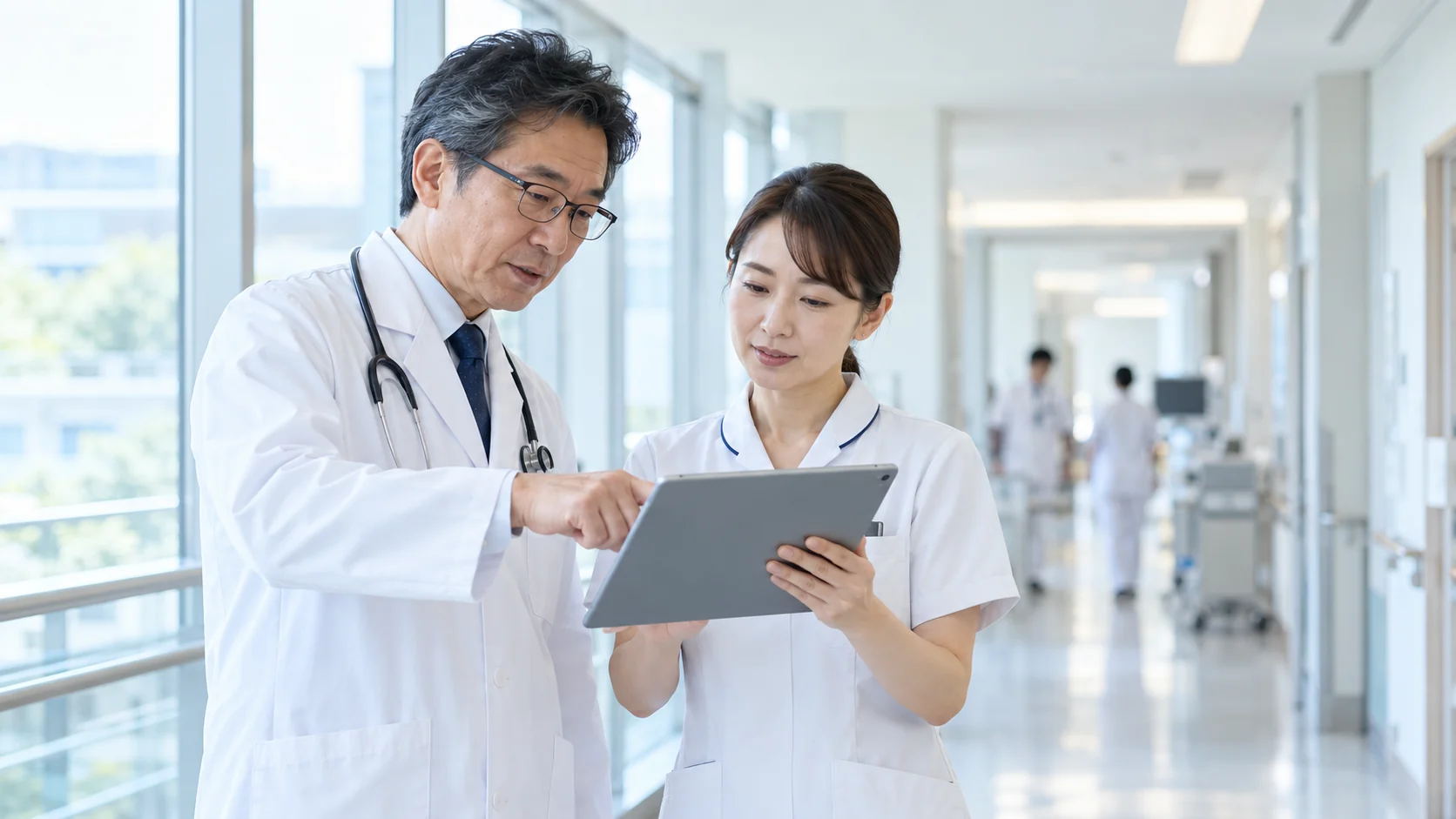 医療情報を端末で確認する医療スタッフ