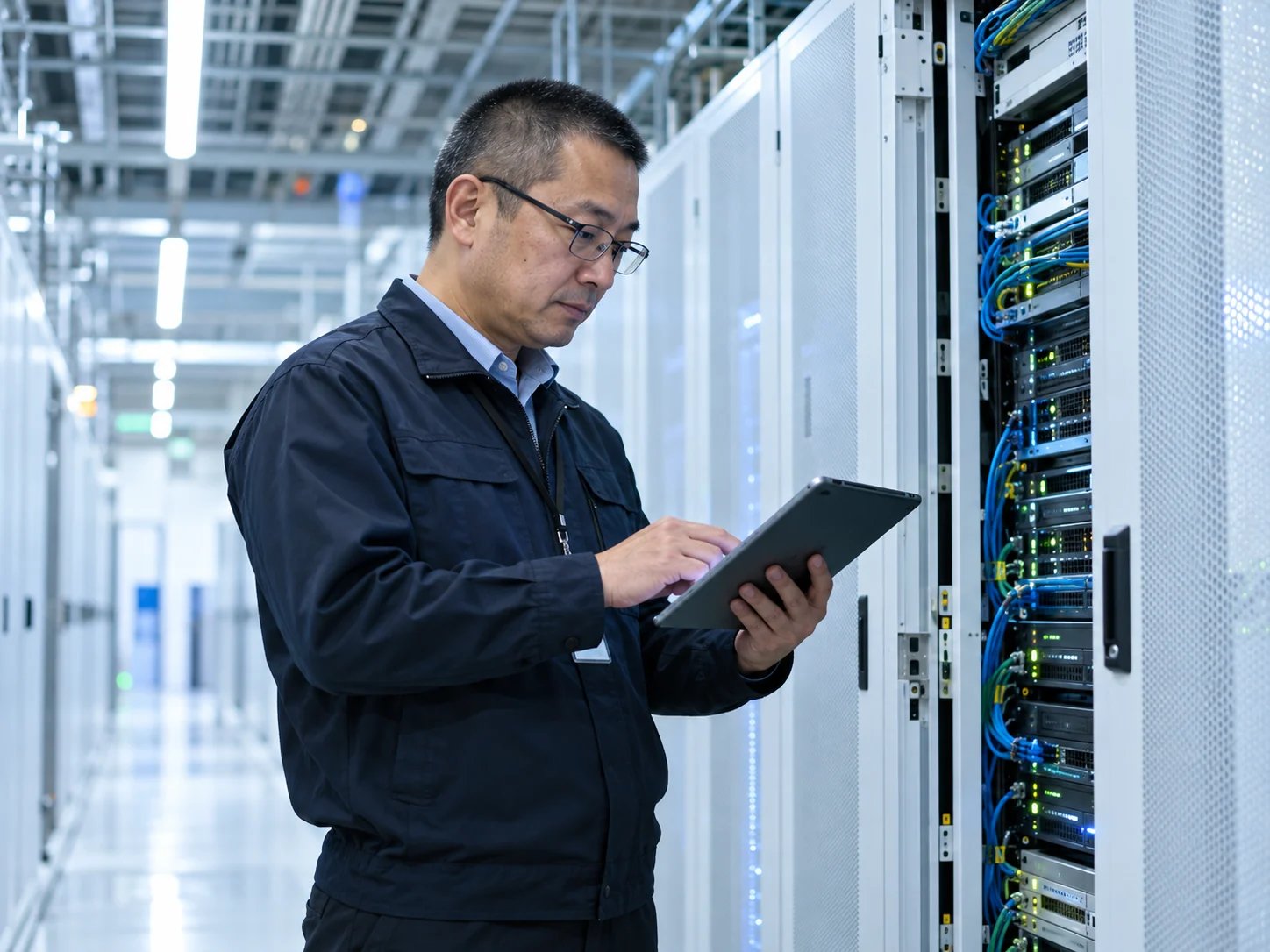 データセンターでサーバーを管理する技術者