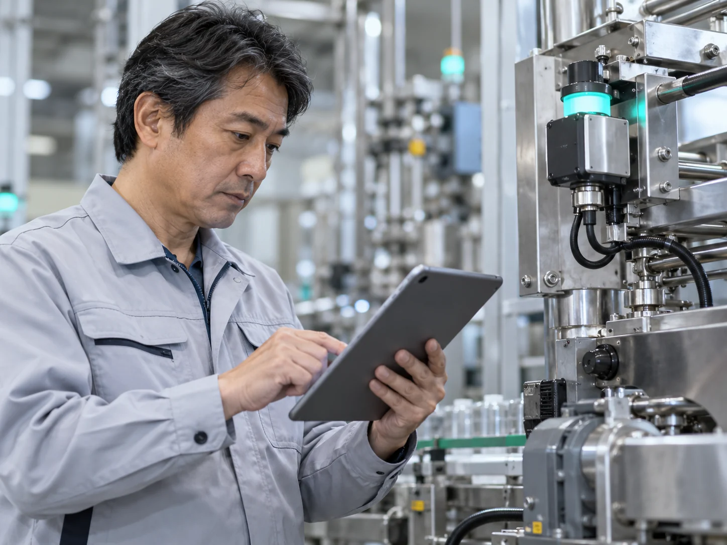 工場でセンサーの動作を確認する技術者