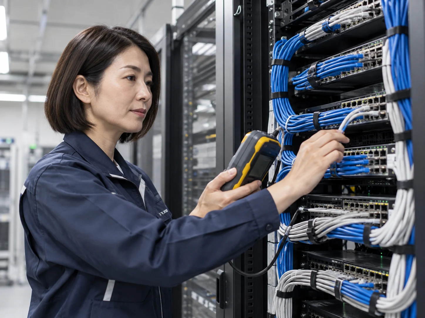 通信ラックを点検する技術者