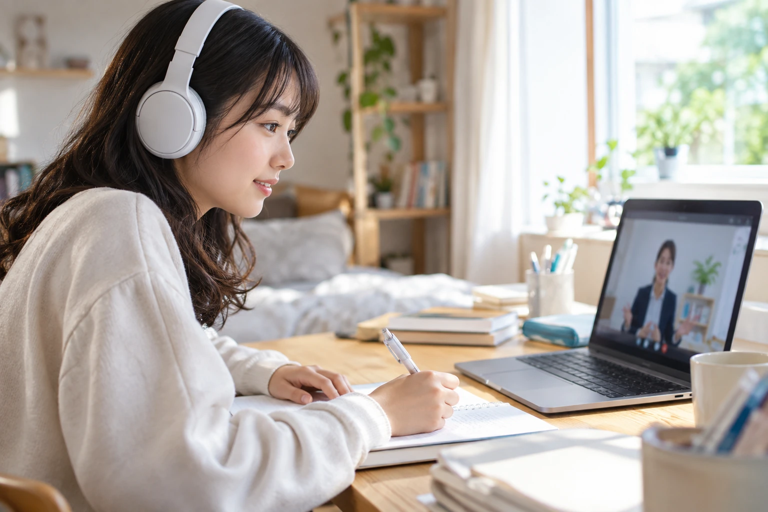 自宅の机でオンライン学習に参加する女子生徒
