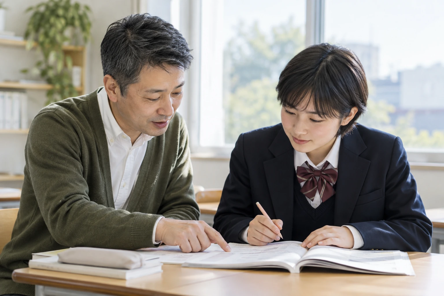 教室で女子生徒の学習を支援する男性講師
