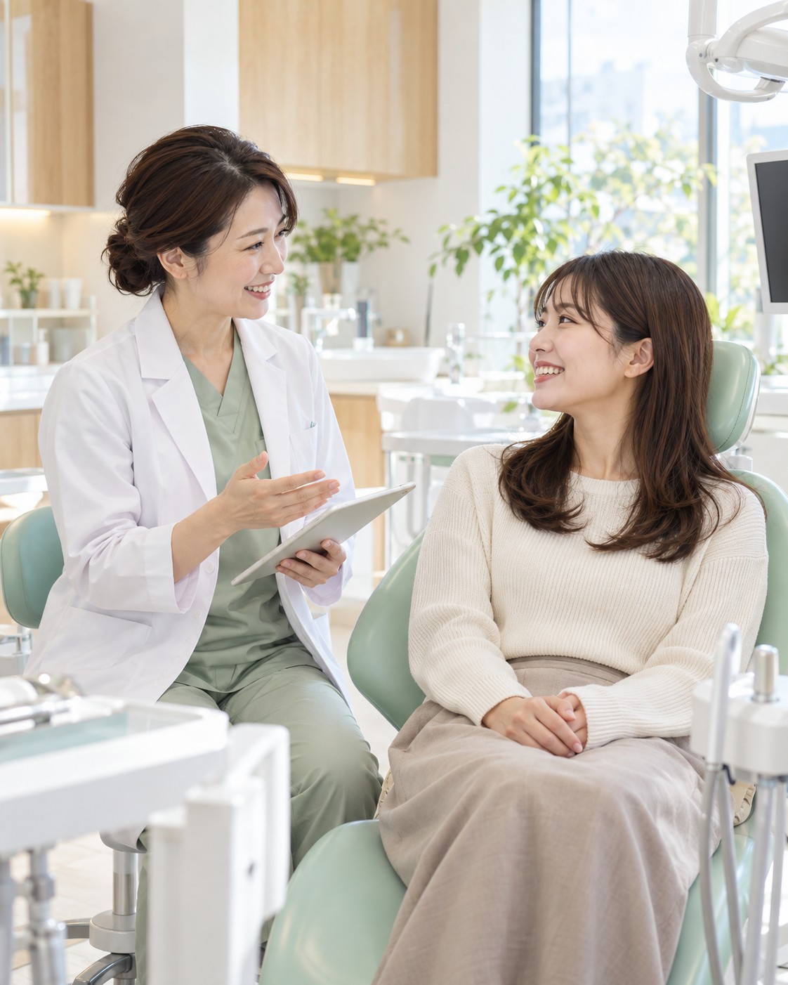明るい診療室で笑顔の患者と歯科医師