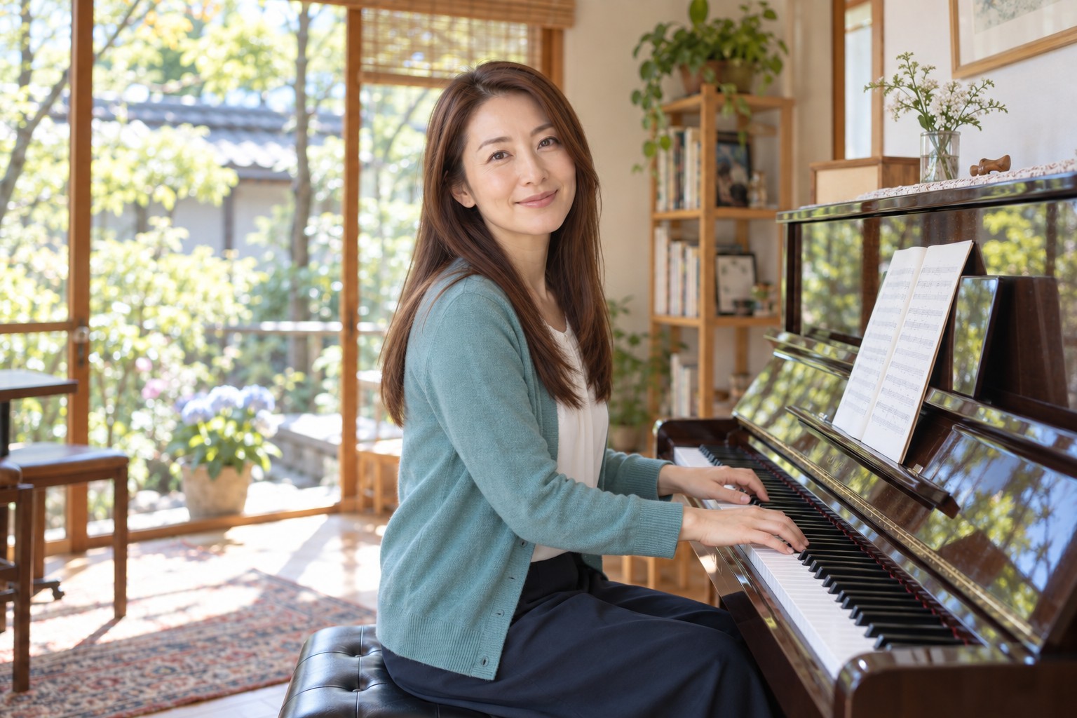 ピアノを弾きながら微笑む、ロングヘアーの講師・山本しおり