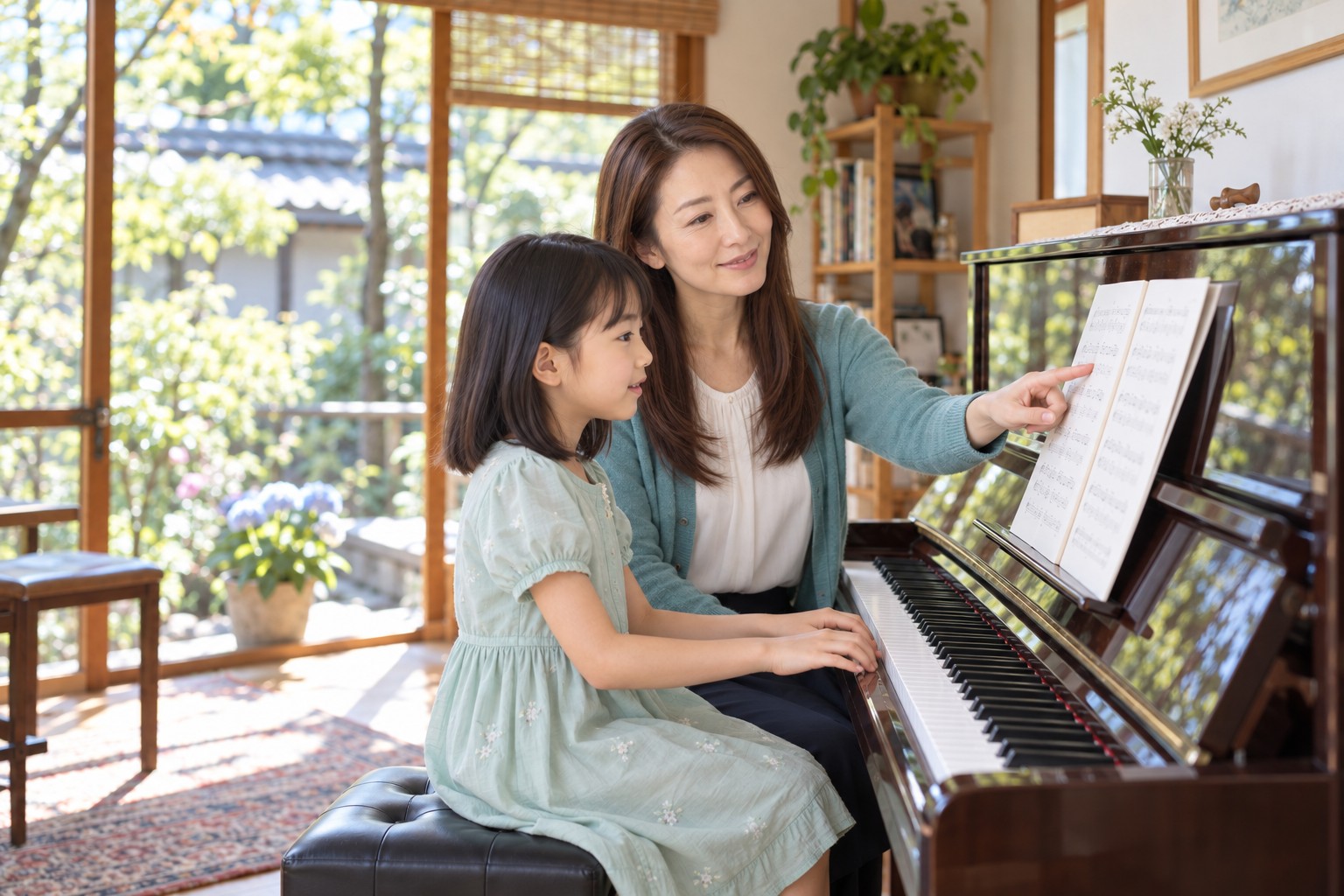 楽譜を読みながらピアノに取り組む女の子と講師