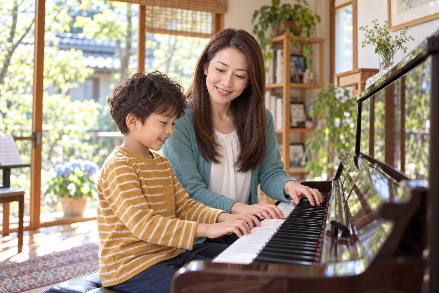 男の子のピアノ演奏を笑顔で見守る先生