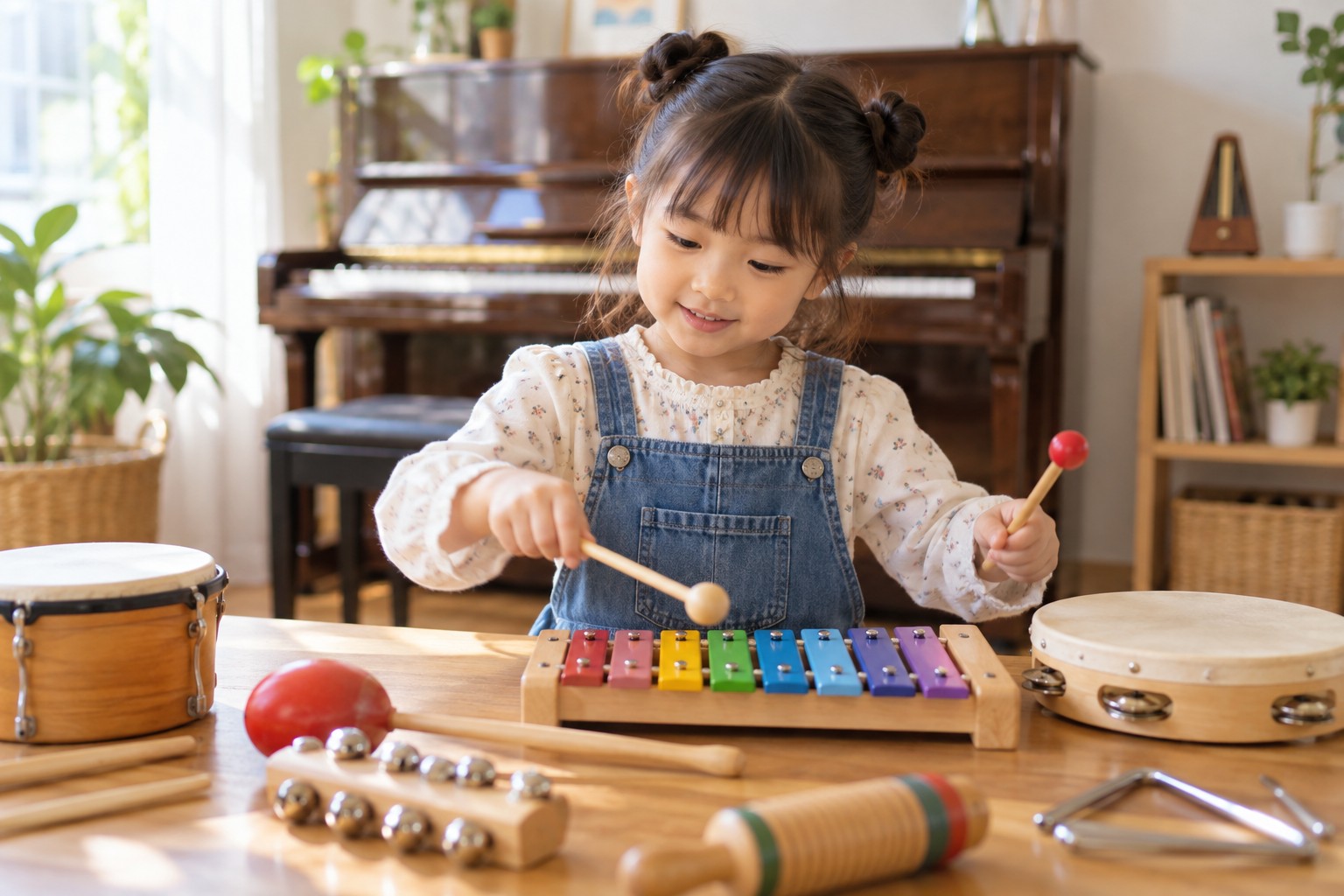 小さな楽器を使ってリズムを楽しむ女の子