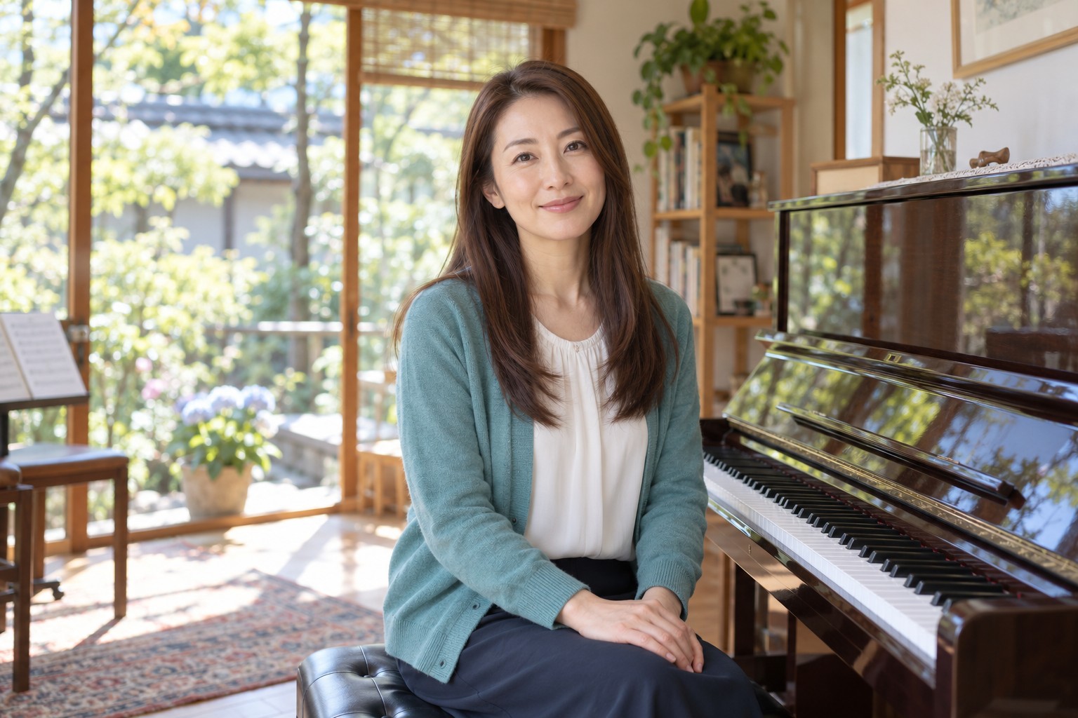 ピアノのそばに座る、ロングヘアーの講師の山本しおり